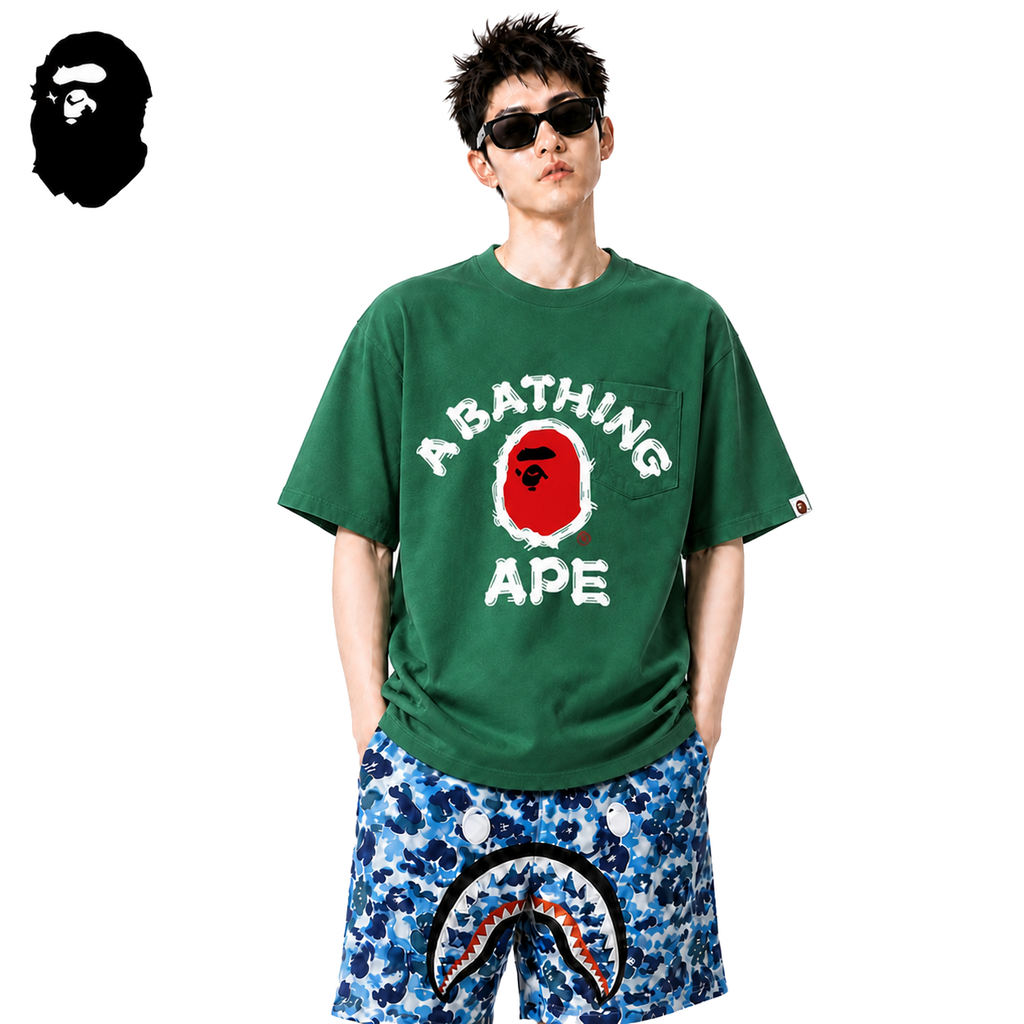 BAPE Brush College Ape Head Men's T-Shirt - Green